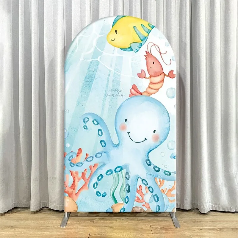 Single Side Arch Backdrop Cover Under the Sea Ocean Theme Party Backdrop with Whale Octopus Fish Coral and Seaweed Design