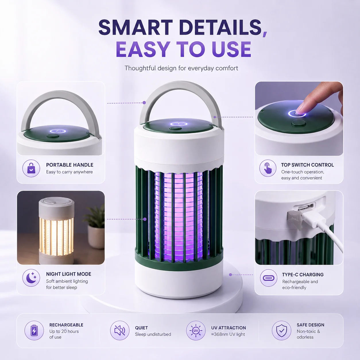전기 모기 살충 램프 USB 5V UV 365nm 벌레 퇴치기 휴대용 충전식 파리 살충기 캠핑 침실 정원 LED 썸네일 4
