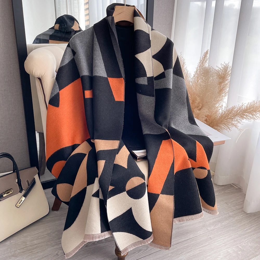 Winter women\'s geometric splicing faux cashmere scarf fall and winter thickened fashion warm and versatile scarf shawl 2024 New