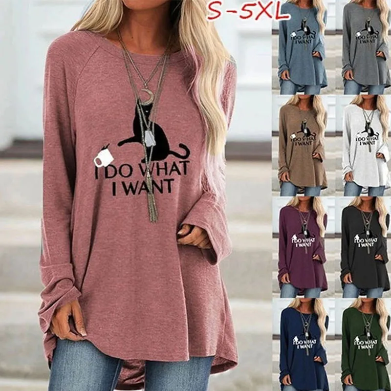 

Spring Autumn New Round Neck 5XL Long Oversized T-shirt Long Sleeve Cat Printed Top Women Casual Loose Cartoon Female Clothes