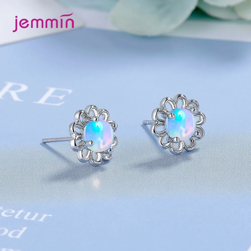 Lovely Design Fashion Genuine 925 Sterling Silver Flower Shaped Stud Earrings For Women Girls Shiny Moonlight Stone Jewelry