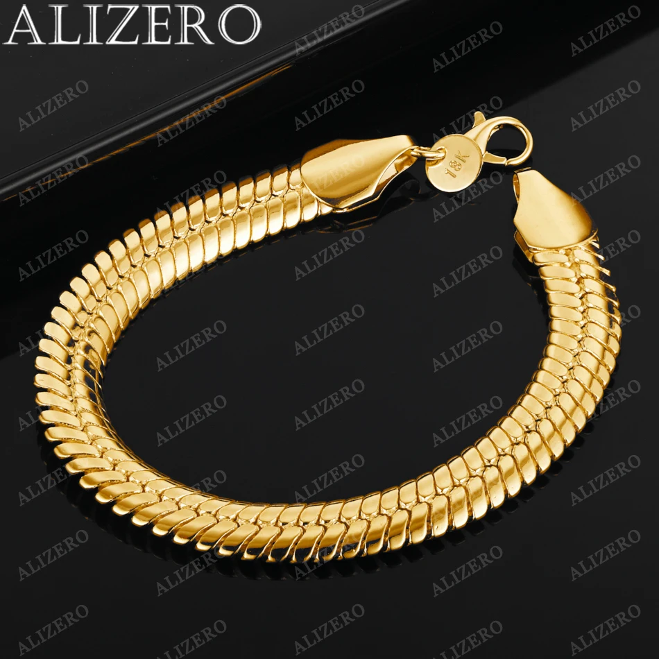 ALIZERO 18K Gold Bracelet 10mm Snake Bone Chain Bracelets For Women Men Fashion Wedding Party Jewelry Gift