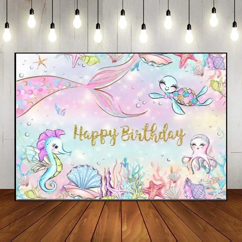 Happy Birthday Party Wall Princess Backdrop Girl Merma Theme Photography Decoration Pearl Banner Custom Under The Sea Background