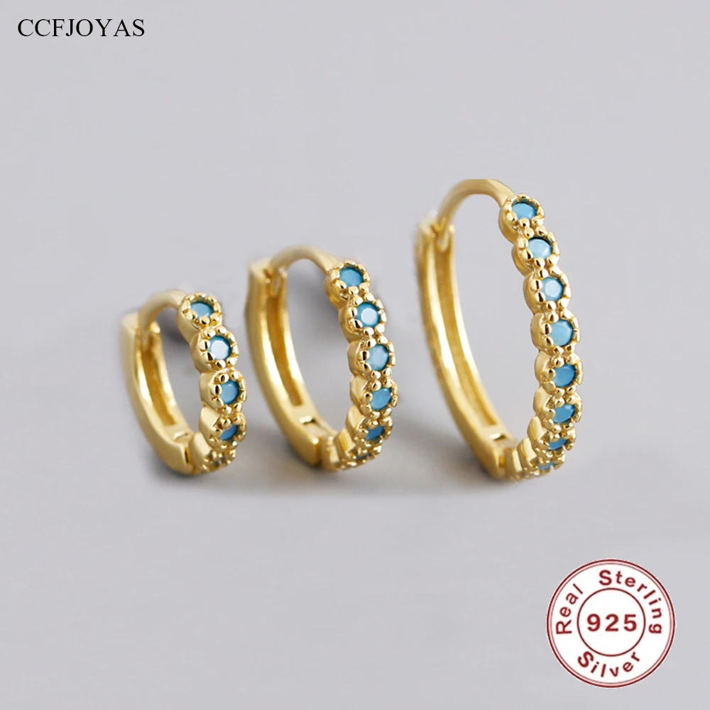 CCFJOYAS 100% 925 Sterling Silver Turquoise Hoop Earrings for Women 1 pair of 6mm/8mm/11mm Simple INS Round Circle Earrings