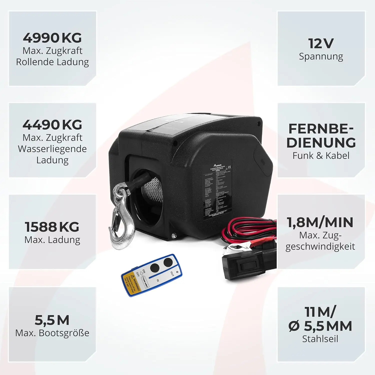 Marine Electric Winch, 12V 4990kg Heavy Duty, Wireless Remote with Hook, Marine Hardware, for Boat Trailer Saltwater Recovery