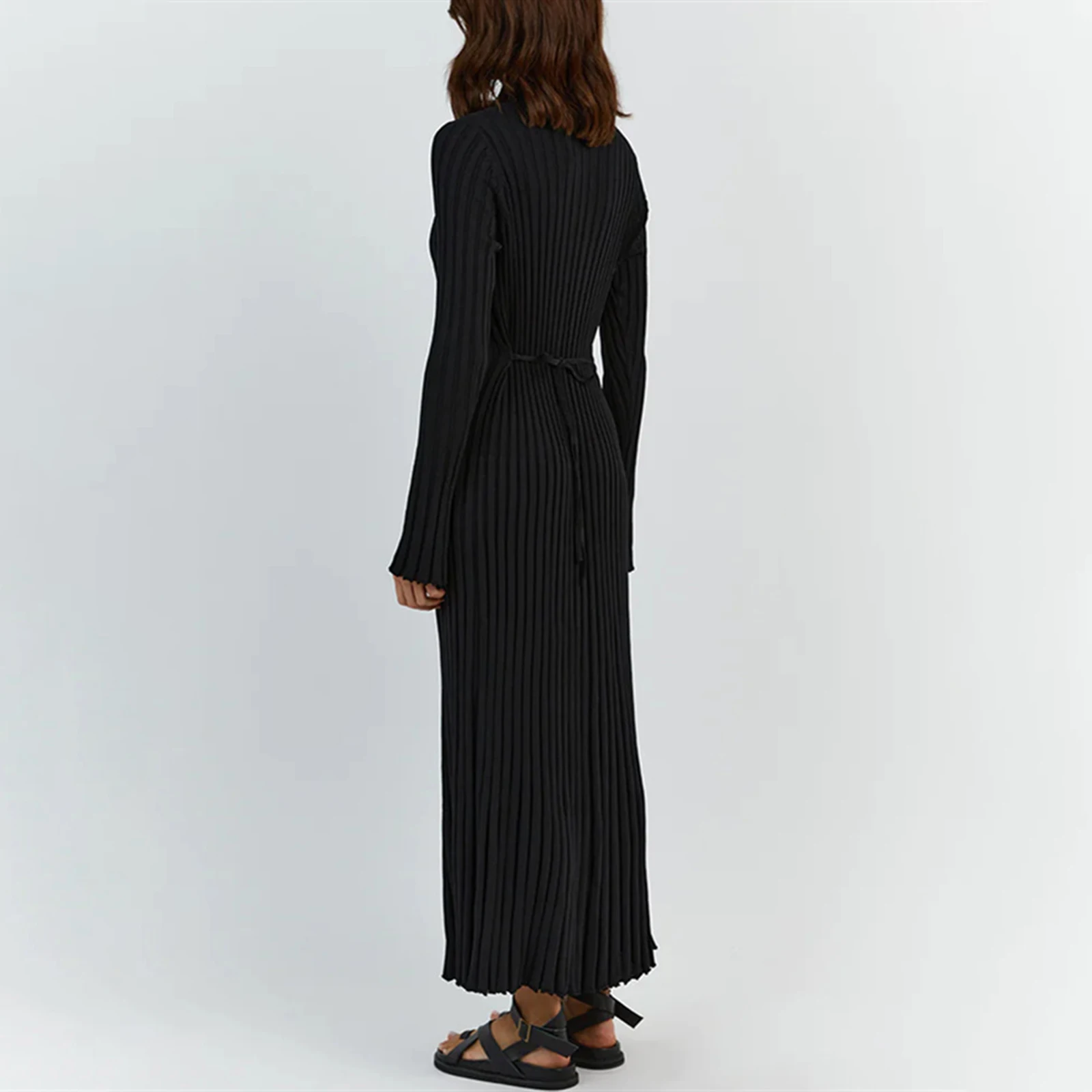 Combhasaki Abito lungo dritto da donna elegante a maniche lunghe a costine girocollo tinta unita a righe slim fit con lacci sul retro streetwear