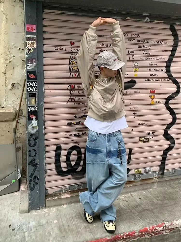 

RE Blue Waed out Straight Leg Jeans Men Casual Loose Wide Leg Versatile High Street Long Pants Youthful Sle Autumn Season