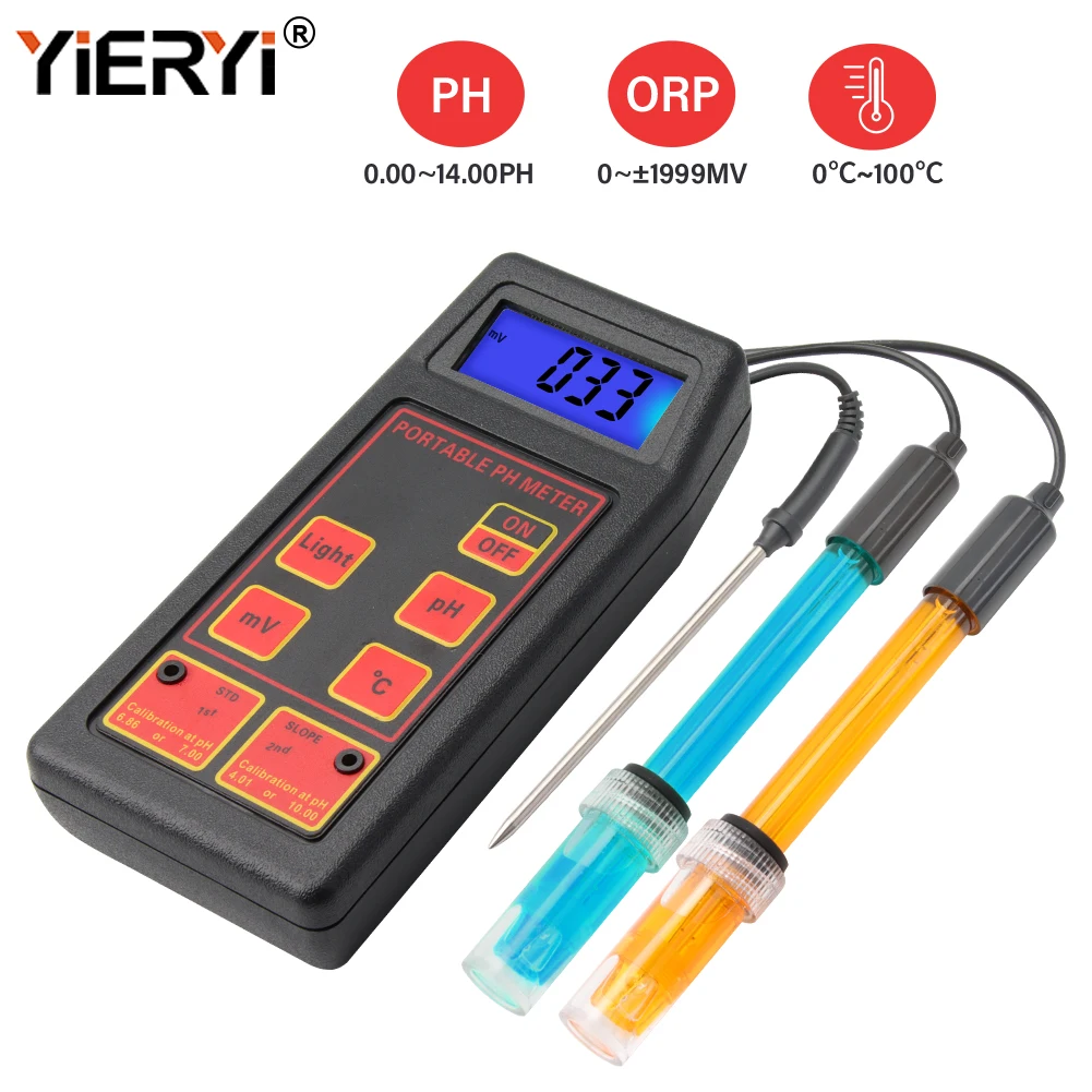 Yieryi PH Meter & ORP Temp Meter PH-8424 Digital Water Quality Tester 0-14 PH for Swimming Pool Aquarium Hydroponics MV Monitor