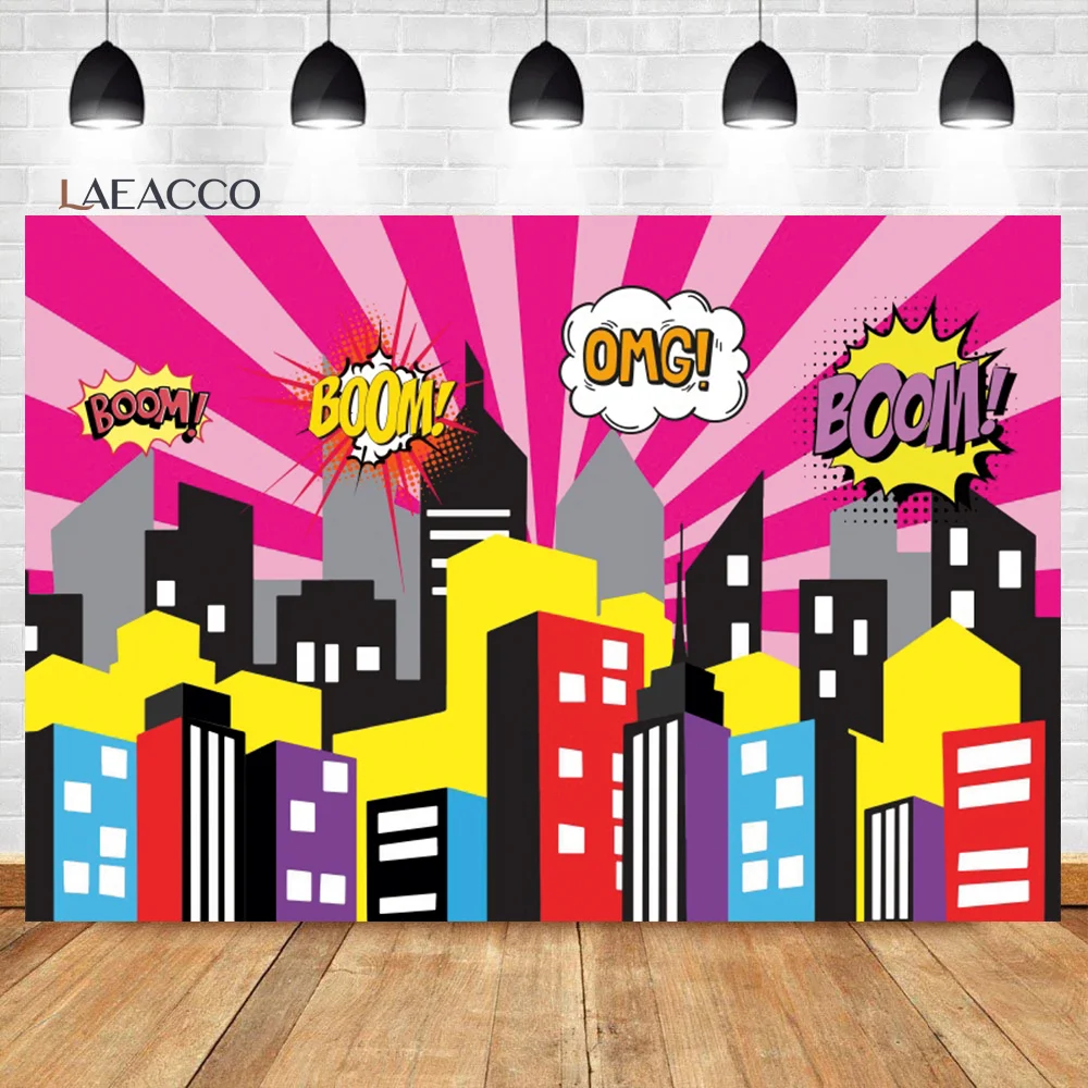 Laeacco Cartoon Super City Backdrops Superhero Explode Modern Cityscape Kids Birthday Portrait Customized Photography Background