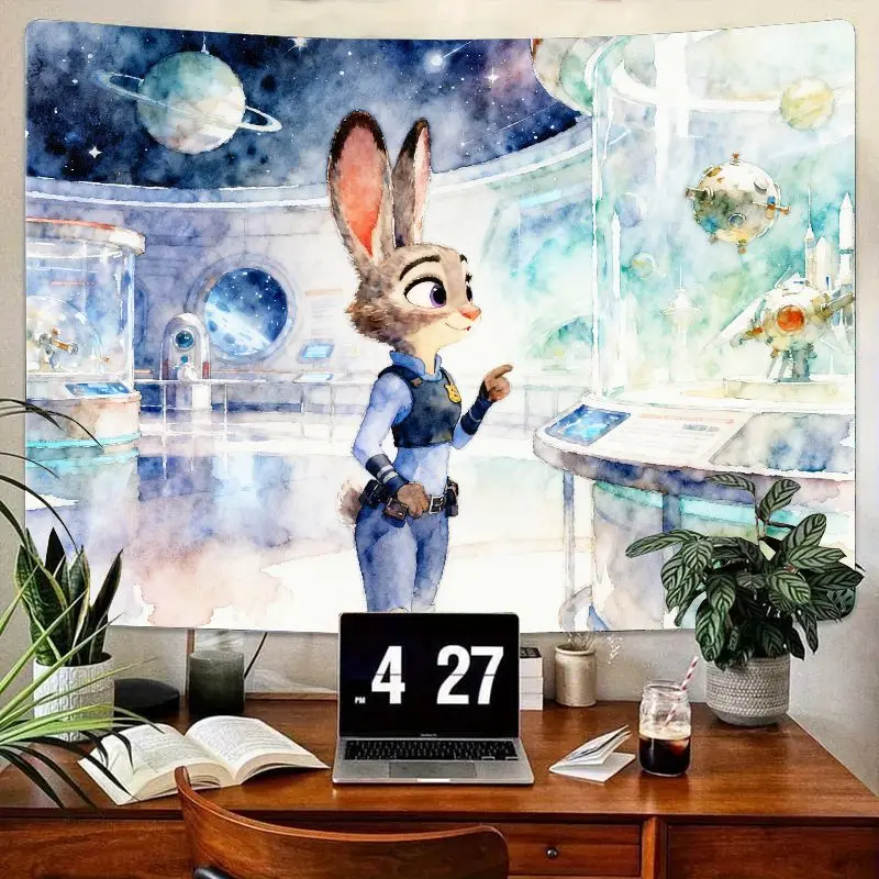1PC ズートピア ジュディ・ホップス 水彩画 宇宙観測所 タペストリー ウォールアート、モダンなバニー警察官の寝室の装飾ギフト。