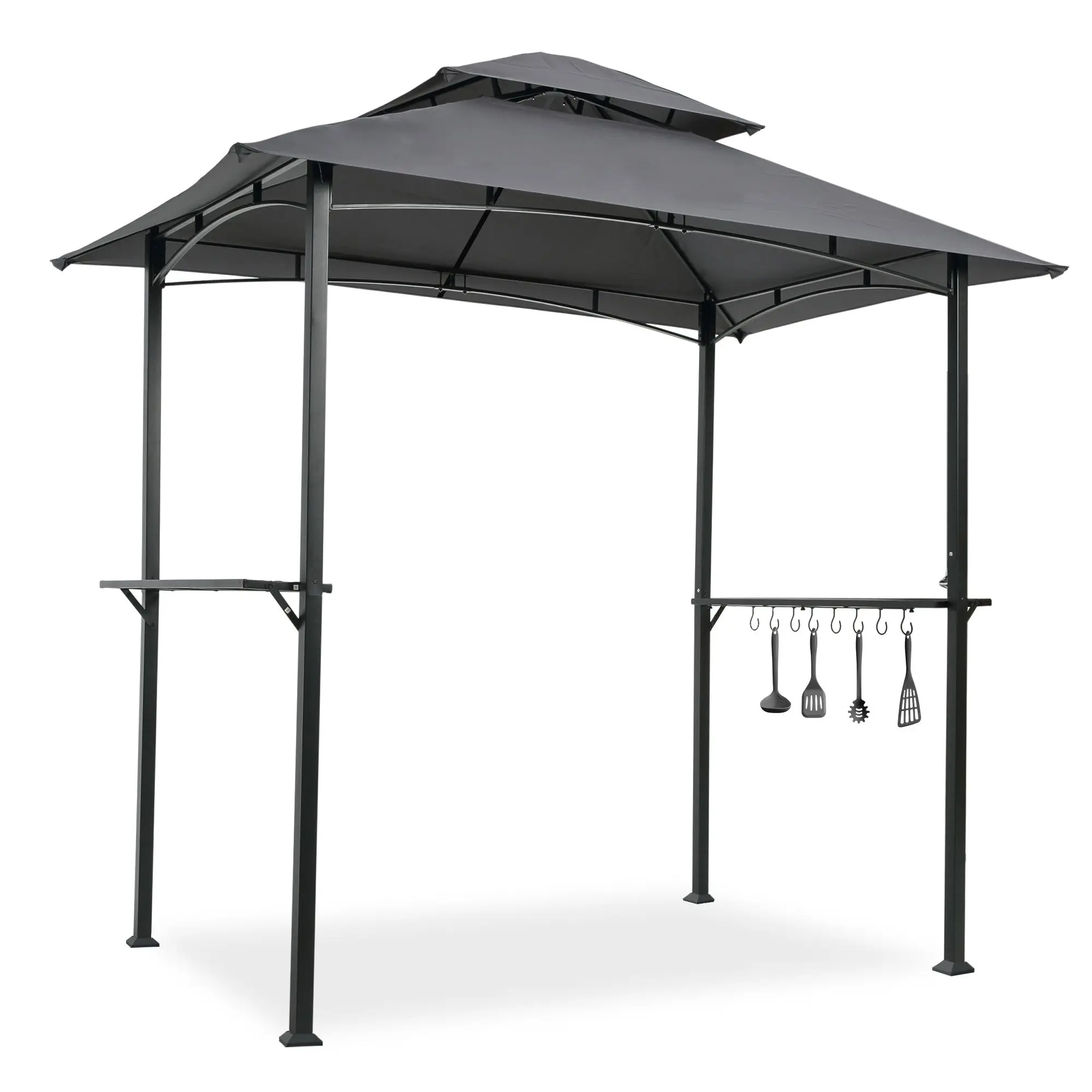 

8 X 5 Ft Outdoor Double Tier Soft Top Canopy Grill Gazebo with Steel Frame & Hook Bar Counters Shelter Tent Pergola