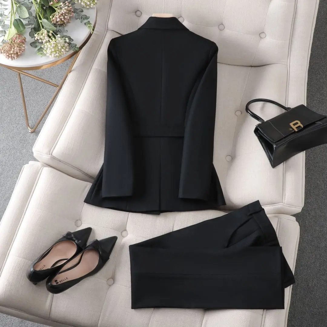 Tesco Black Coffee Women's Pantsuit Spring Jacket With Belt Slim Casual Suit Sets For Lady Formal Office Blazer 2 Piece