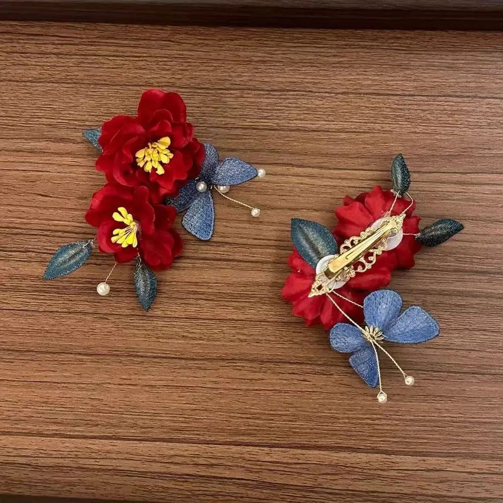 

Elegant Tassel Red Flower Hair Clip New Chinese Style Pearl Wooden Hair Stick Retro Antique Hanfu Hairpin Cheongsam Accessories