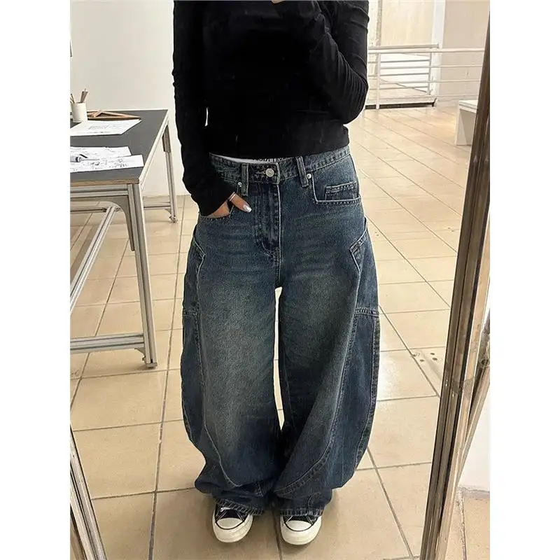 Retro Heavy Du Wide Leg Jeans Women's Autumn Winter Loose Slim Straight Floor-Length Pants High Waist Denim Fabric