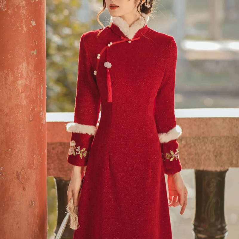 

Red Chinese New Year Cheongsam Women Thick Long Sleeve Winter Dress Y2K Slim Elegant Chinese Traditional Qipao Dress Female XXL