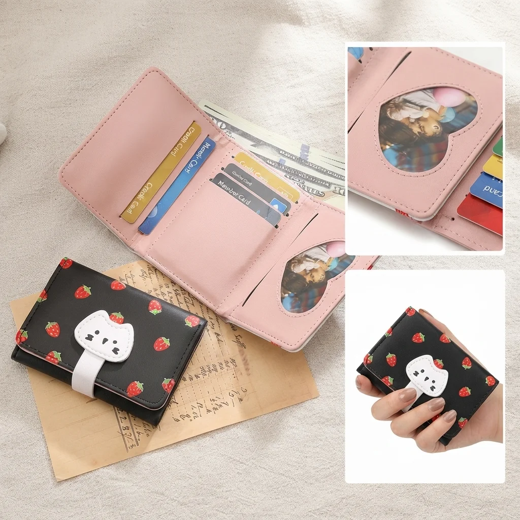 Cute Strawberry Cat PU Leather Tri-fold Wallet Women's Short Purse Large Capacity Card Holder Coin Organizer Compact Clutch