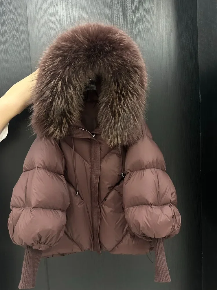 

New Winter Large Real Fur Hooded Puffer Jacket Women Thicken Warm Knitted Sleeve Coat White Duck Down Mid Long Parka Women