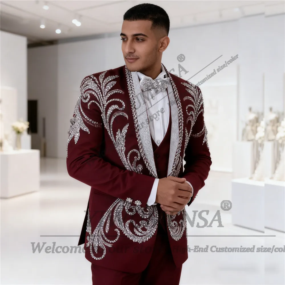 

Luxury Beads Stones Men Suit 3 Pieces Sets Groom Wedding Tuxedos Customized Male Prom Blazers Slim Fit Terno Masculinos Completo