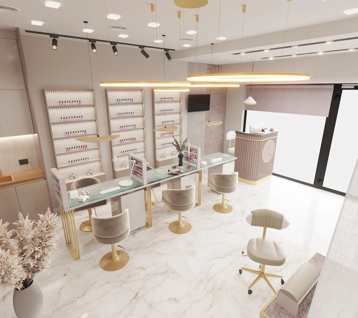 Beauty Salon Furniture Professional Custom 3D Design Nails Salon Display Glass Table Top Modern Salon Nail Station