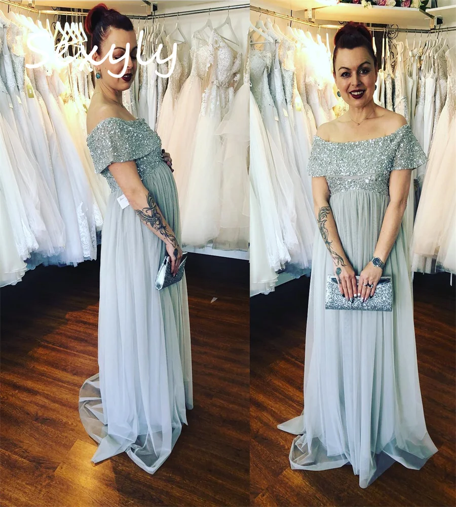 Sparkle Sequin Silver Evening Dress For Pregnant Cape Sleeves Floor Length Formal Prom Dress 2023 Sheath Tulle Wedding Guest