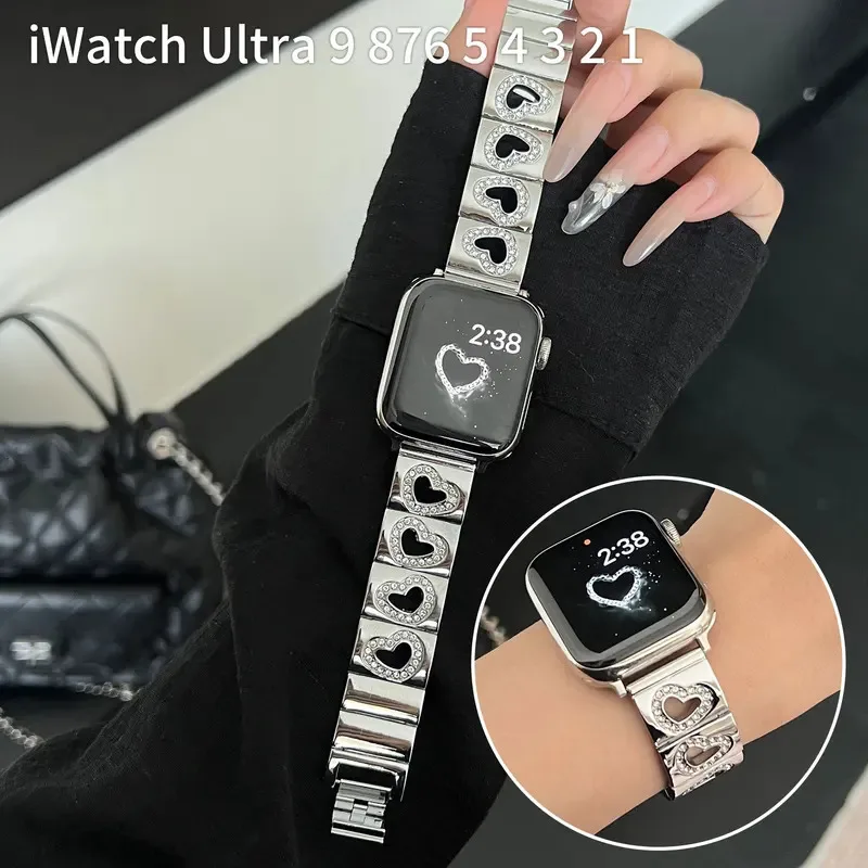 

Diamond Heart strap for Apple Watch 45mm strap 40mm 38mm 49mm ultra 44mm Luxury metal strap for Iwatch 789SE654 strap
