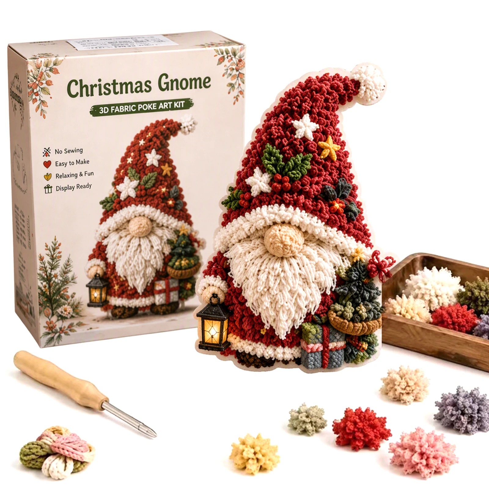 Kit de manualidades para crear una figura de gnomo estacional en 3D, con aguja de punzón para tela, sin necesidad de coser, ideal como decoración navideña para adultos y principiantes.