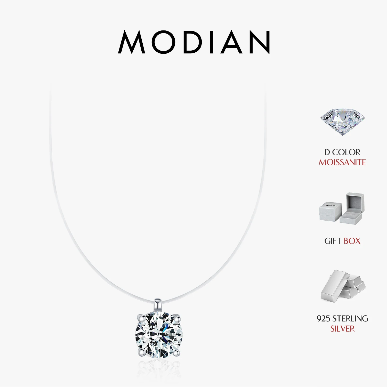 MODIAN 1CT Round Clarity Moissanite Necklace 925 Sterling Silver Transparent Line Choker Pendant Necklace For Women Fine Jewelry