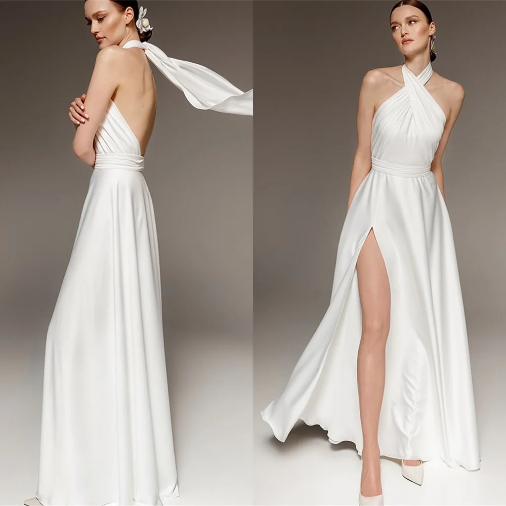 فساتين زفاف بيضاء ناعمة مخصصة رومانسية الرسن الصناعة الثقيلة فساتين الزفاف عارية الذراعين مفتوحة الظهر فساتين المناسبات الخاصة