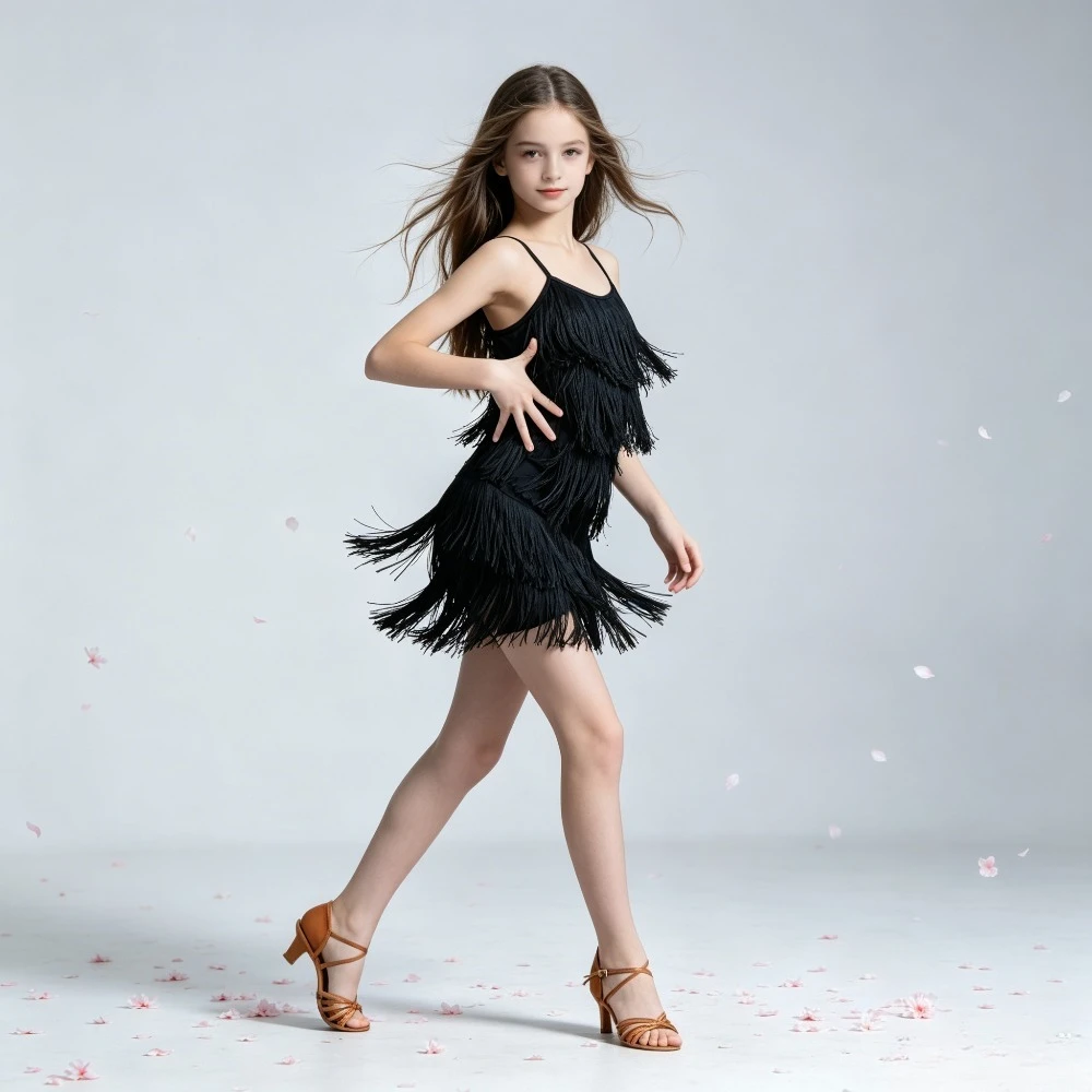 

Girls Summer Tassel Halter Latin Dance Suit, Floral Professional Competition Outfit For Daily Training&Modern Dance Performance
