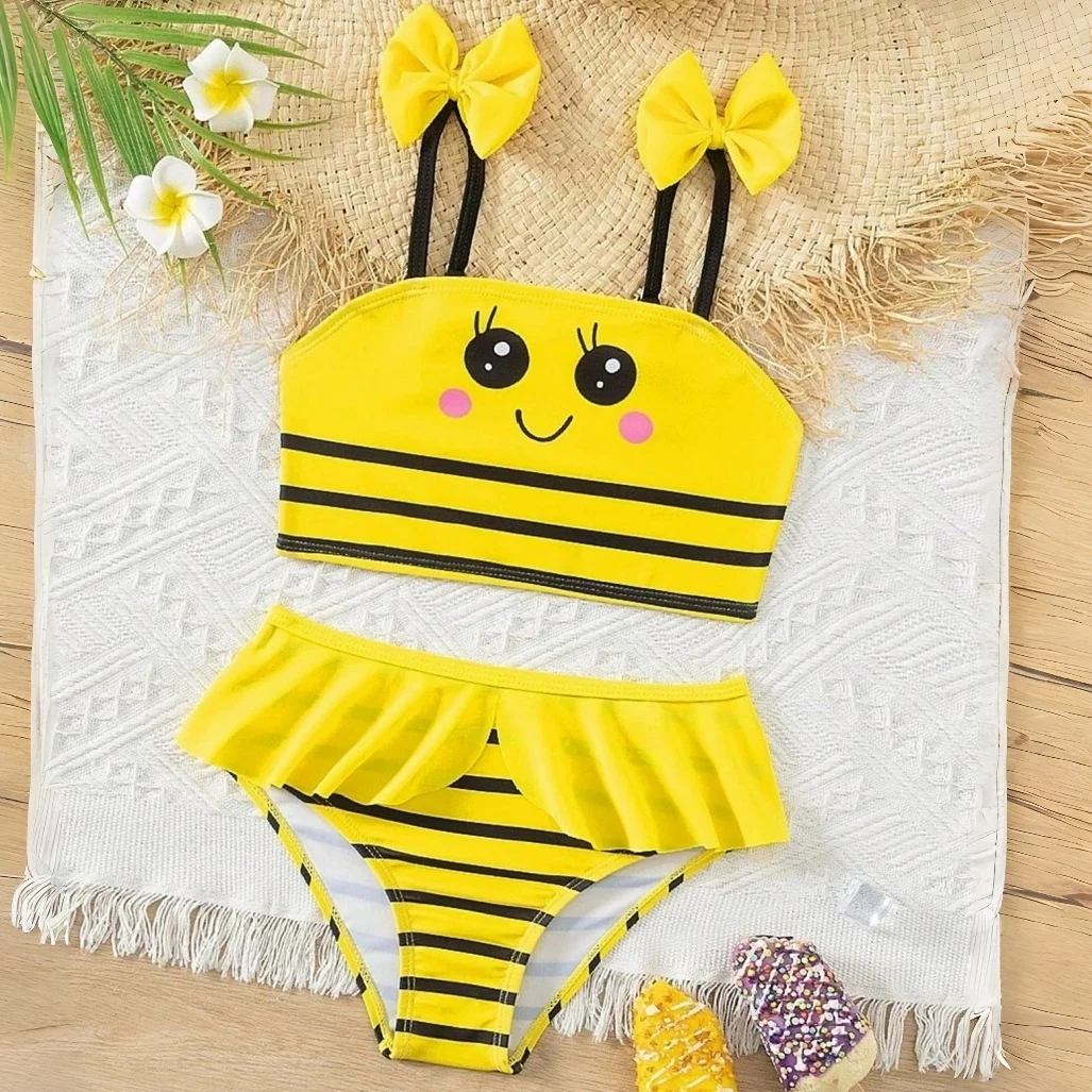 

Cute Toddlers Girls Swimsuit Featuring a Bee Design with Adjustable Shoulder Straps And a Ruffled Skirt Kids Swimwear Girls
