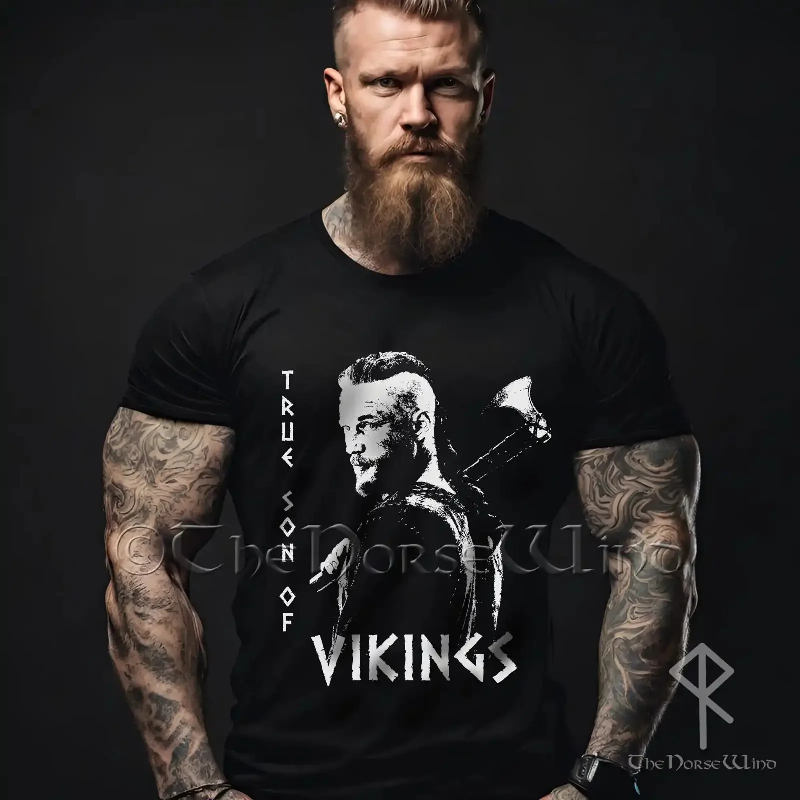 Viking T Shirt True Son of Vikings Ragnar Lothbrok Axe Black Biker The Norse Wind vintage Washed Soft Versatile homme