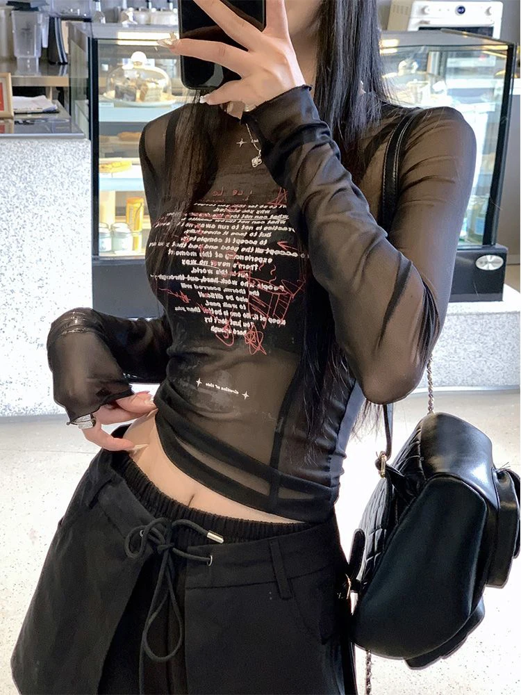 

Sexy Mesh Print T-Shirt Women Korean Fashion See Through Streetwear Cropped Tops Y2K Summer Slim Long Sleeve Aesthetics Tees