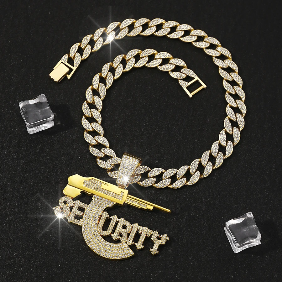 Hip-hop sniper rifle SEURITY letter pendant necklace ice crystal Cuban chain fashion cool jewelry men\'s gift