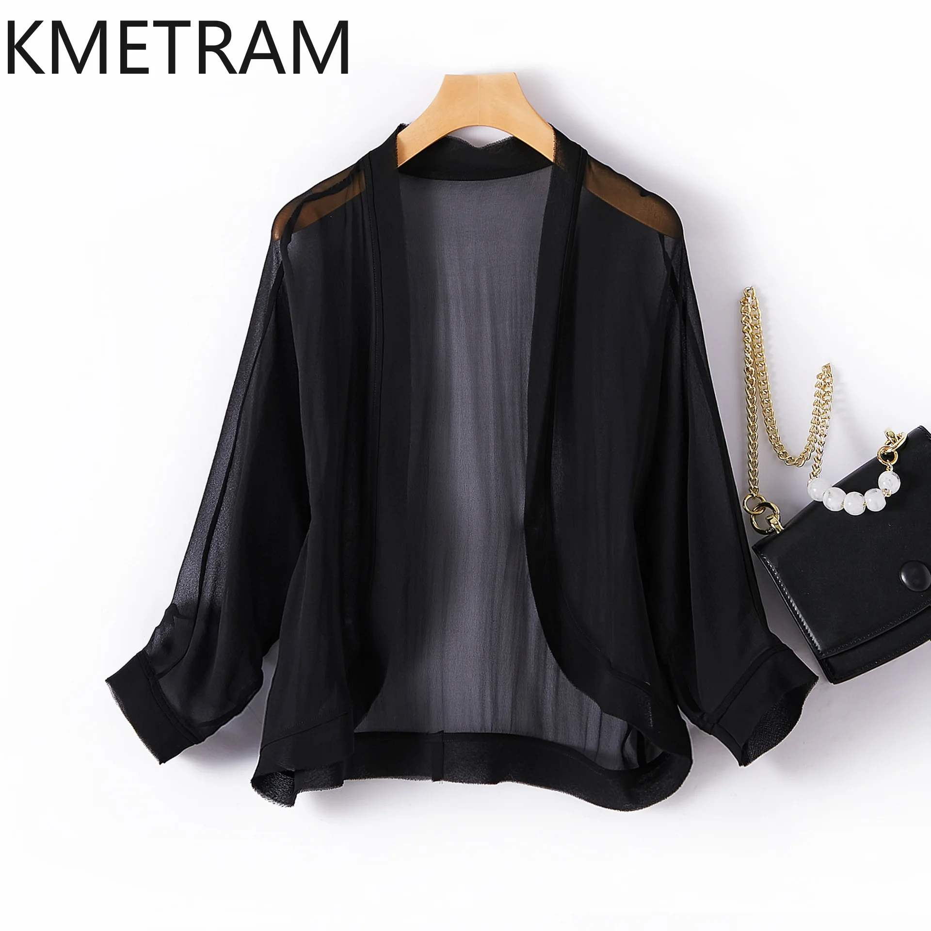 

KMETRAM 100% натуральный шелковый короткий кардиган для женщин, белая/черная блузка, летняя солнцезащитная накидка-шаль, пальто 2026, женская одежда