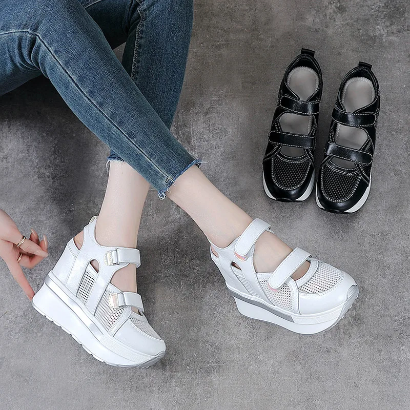 Fujin 10cm Air Mesh Genuine Leather Platform Wedge Flats Sneakers Hook Summer Women Comfy Fashion Chunky Sneaker Sandals Shoes