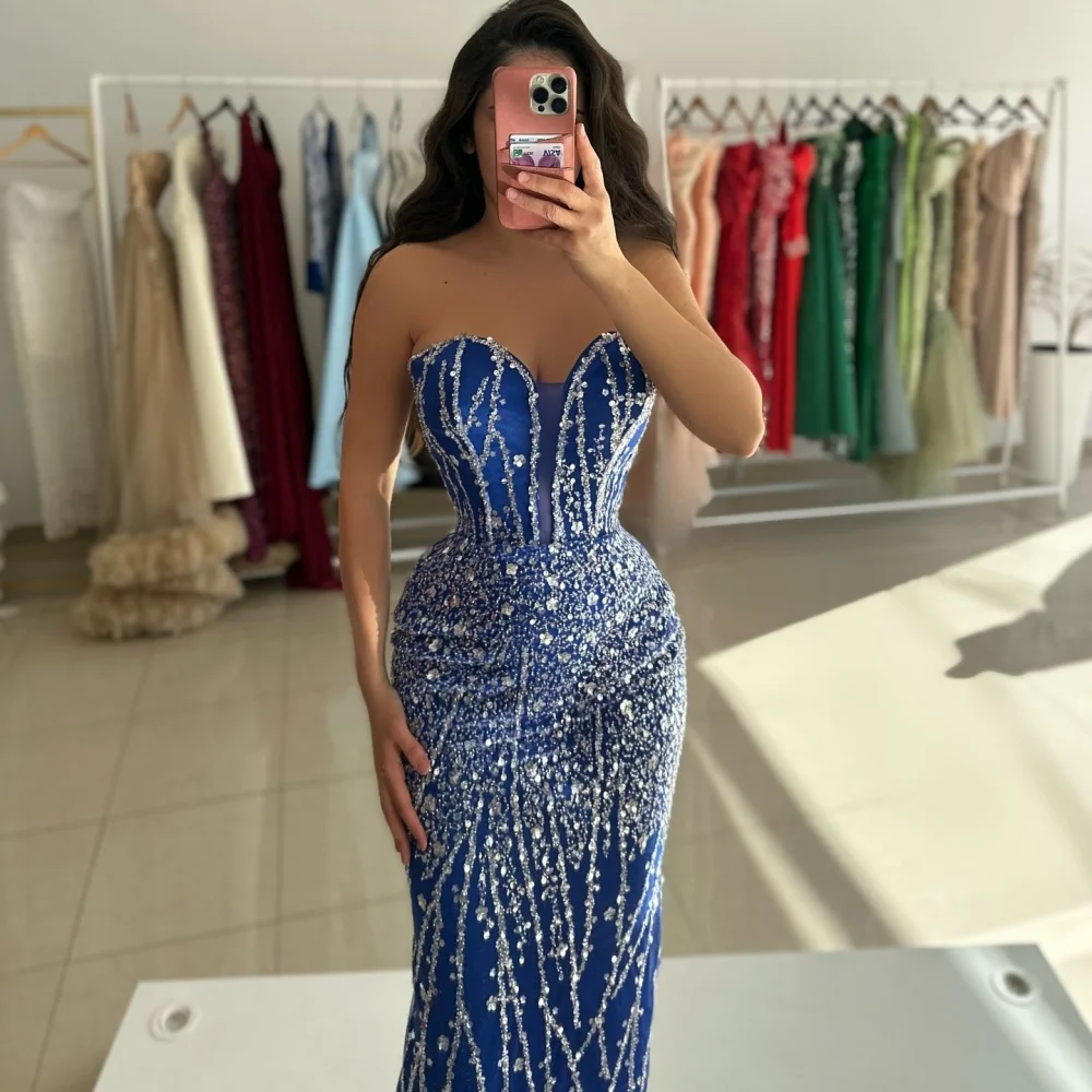 Sansa Dubai Navy Blue Beading Column Prom Dresses Strapless Customized جديد في الفساتين Floor-Length Evening Dress 2025 image 5
