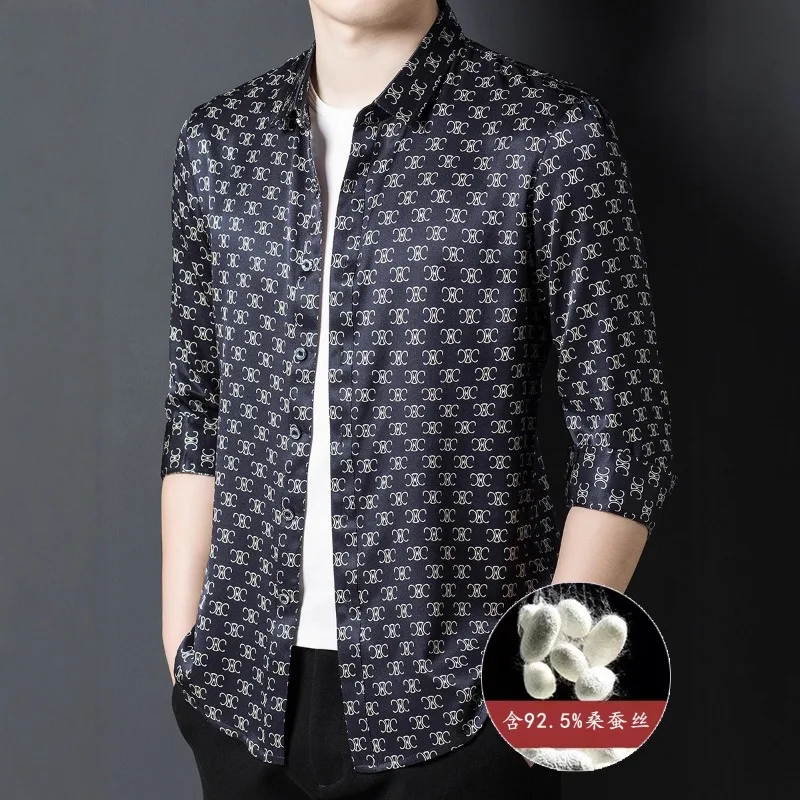 Men Clothes Silk Shirt Spring Autumn New Mulberry Silk Fashion Satin Silk Long Sleeve Shirt