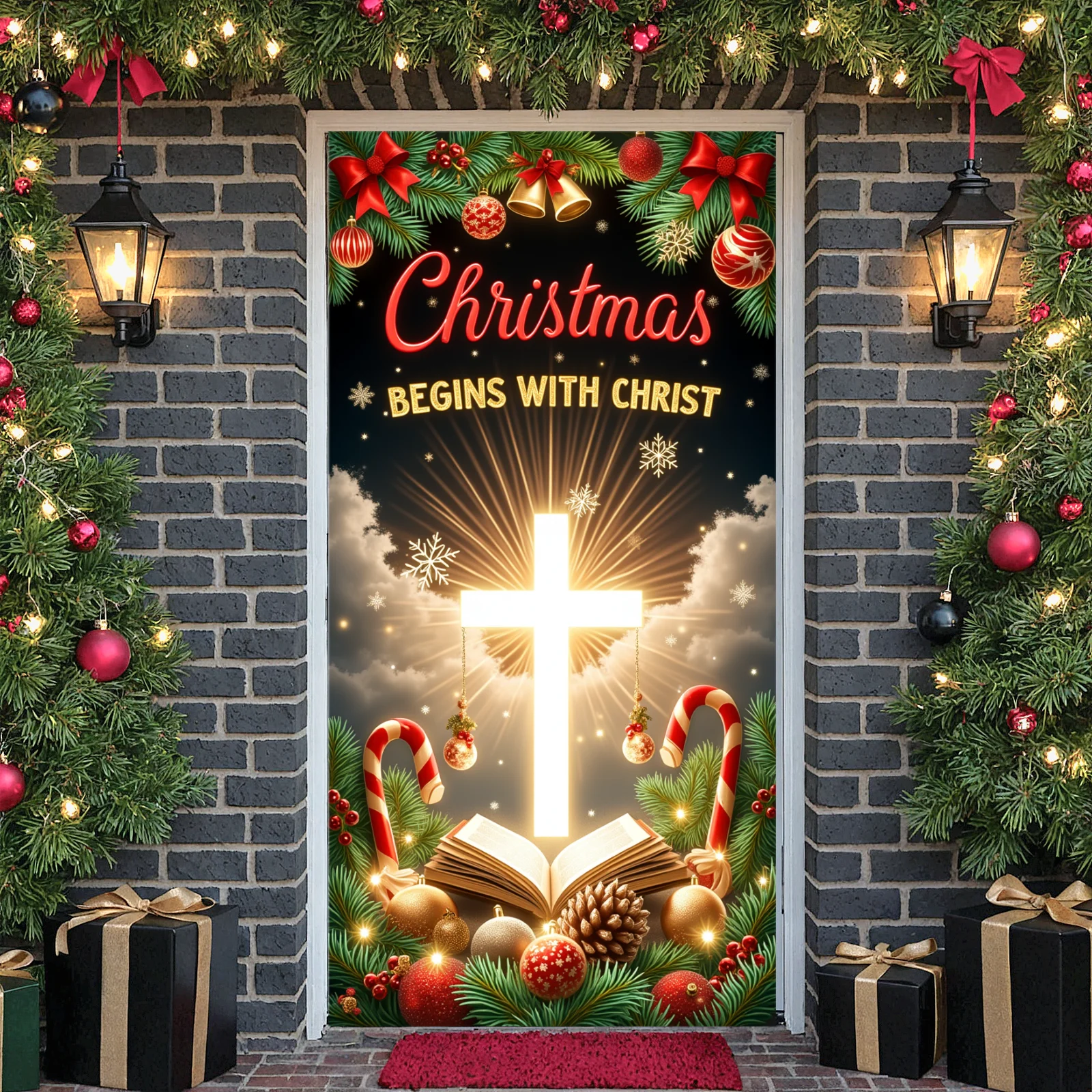 Christian Display Golden Bells Jesus Banner Christmas Banner Candy Cane Holiday Backdrop For Christian Home Christmas Party