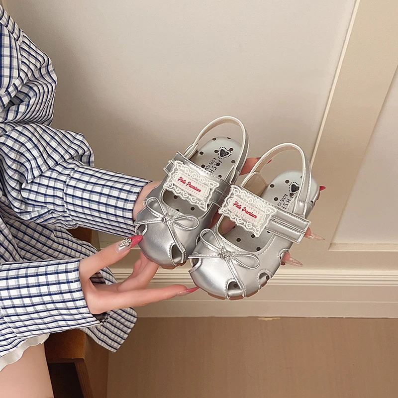 Summer Children Dress Flat Sandals Princess Bow Kids Hollow-out Shoes Beige Silver Soft Outdoor Girls Beach Mary Jane Sandals