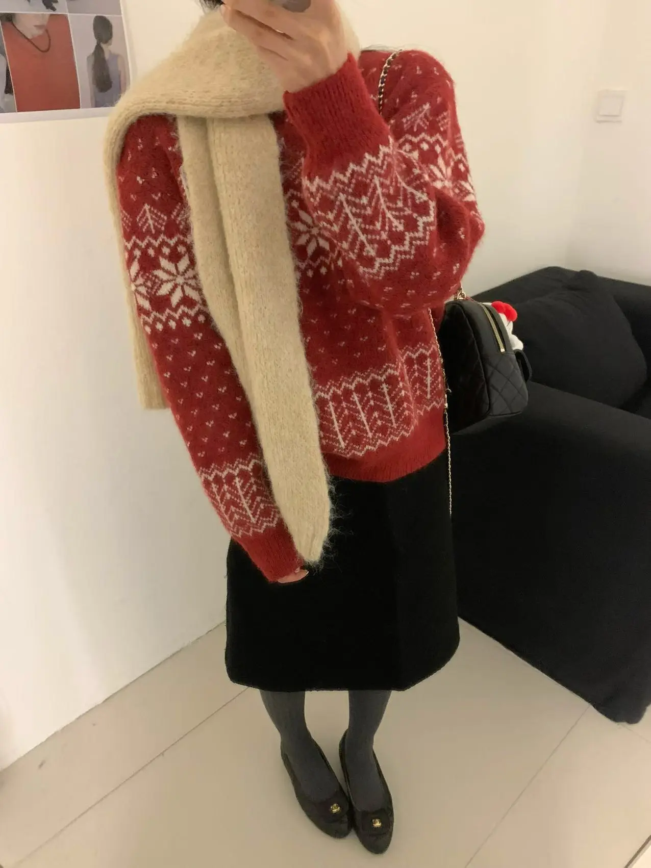 Retro Fair Isle Fiocco di neve Colletto alla coreana Maglione lavorato a maglia Donna Autunno Inverno Rosso Lungo Sve Anti invecchiamento Maglione pigro