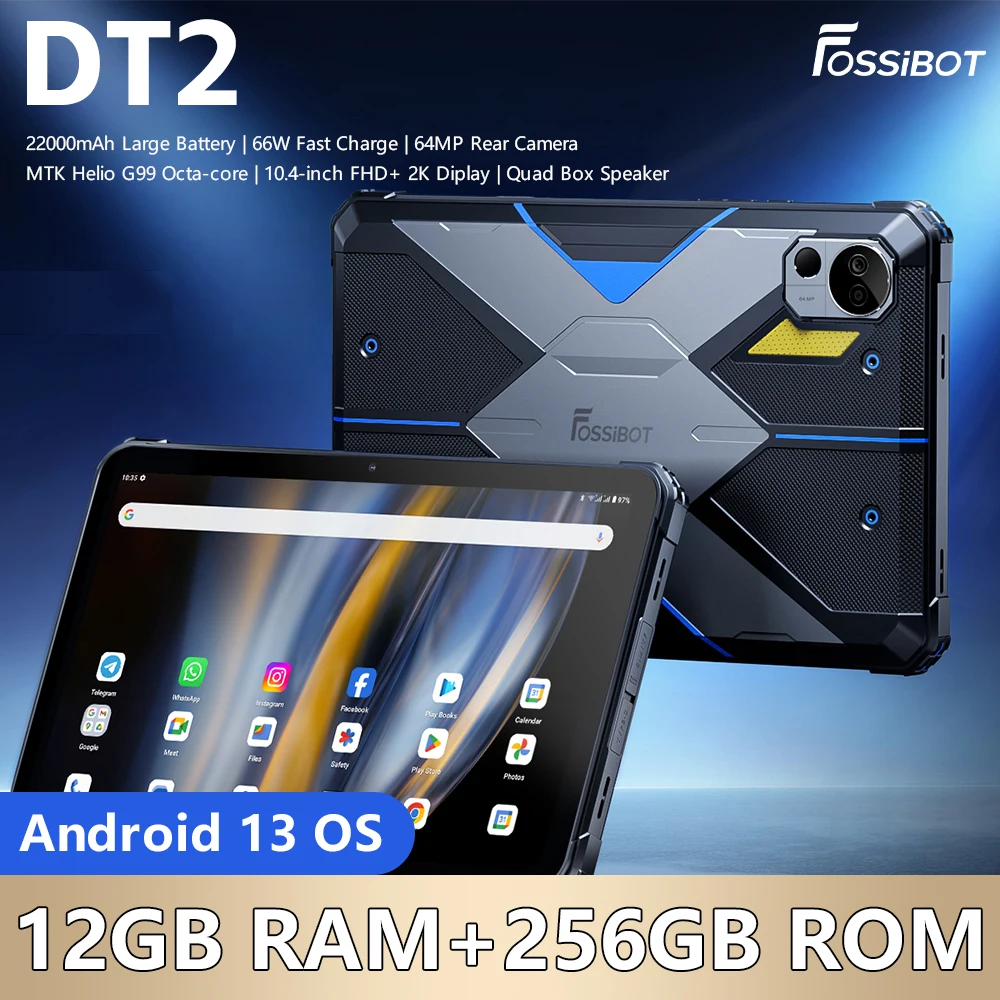 Fossibot DT2 견고한 태블릿, 안드로이드 13, Helio G99, 12GB + 256GB, 10.4 인치 2K 디스플레이, 64MP 카메라, 22000mAh, 66W, IP68, 4G LTE 태블릿