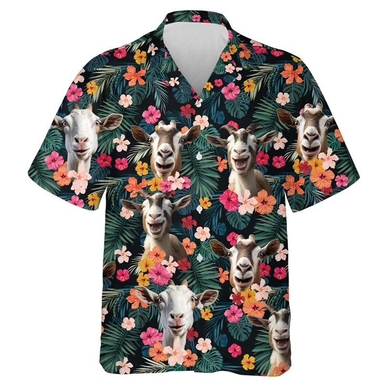 Full Print Animal Goat Hawaiian Shirts Funny Flower Goats Graphic Beach Shirt For Men Clothes New In Short Sleeve Aloha Shirt