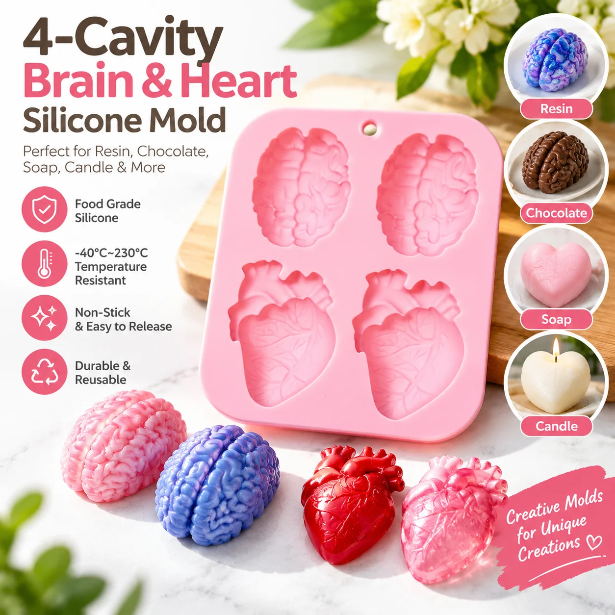 Brain Heart Silicone Mold 4 Cavity Halloween Cake Chocolate Soap Baking Pan Horror Party Dessert DIY Craft Decoration