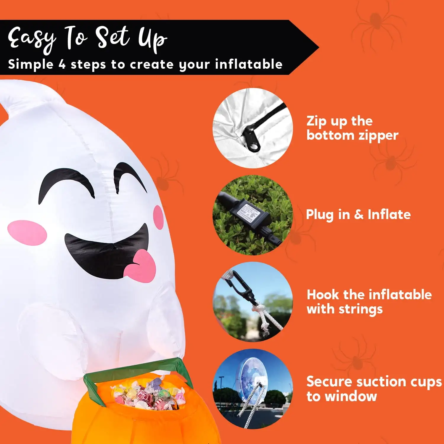 Joyfy 4,5 piedi fantasma volante gonfiabile di Halloween con cesto di caramelle di zucca rotto per la decorazione della finestra