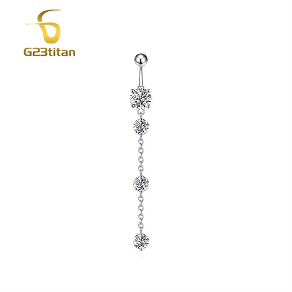 G23titan Zircon Long Chain Dangled Belly Button Rings Titanium Navel Piercing Nombril 14g Cuved Barbell Body Piercings Jewelry