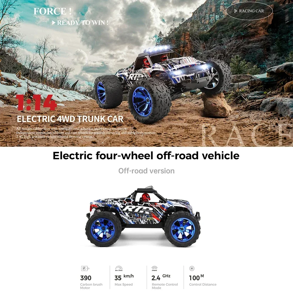 WLtoys 144018 Fast Rc Cars 35KM/Hh 1/14 Off Road 4WD with LED Headlights,2.4G Waterproof Remote Control Monster Truck for Adults