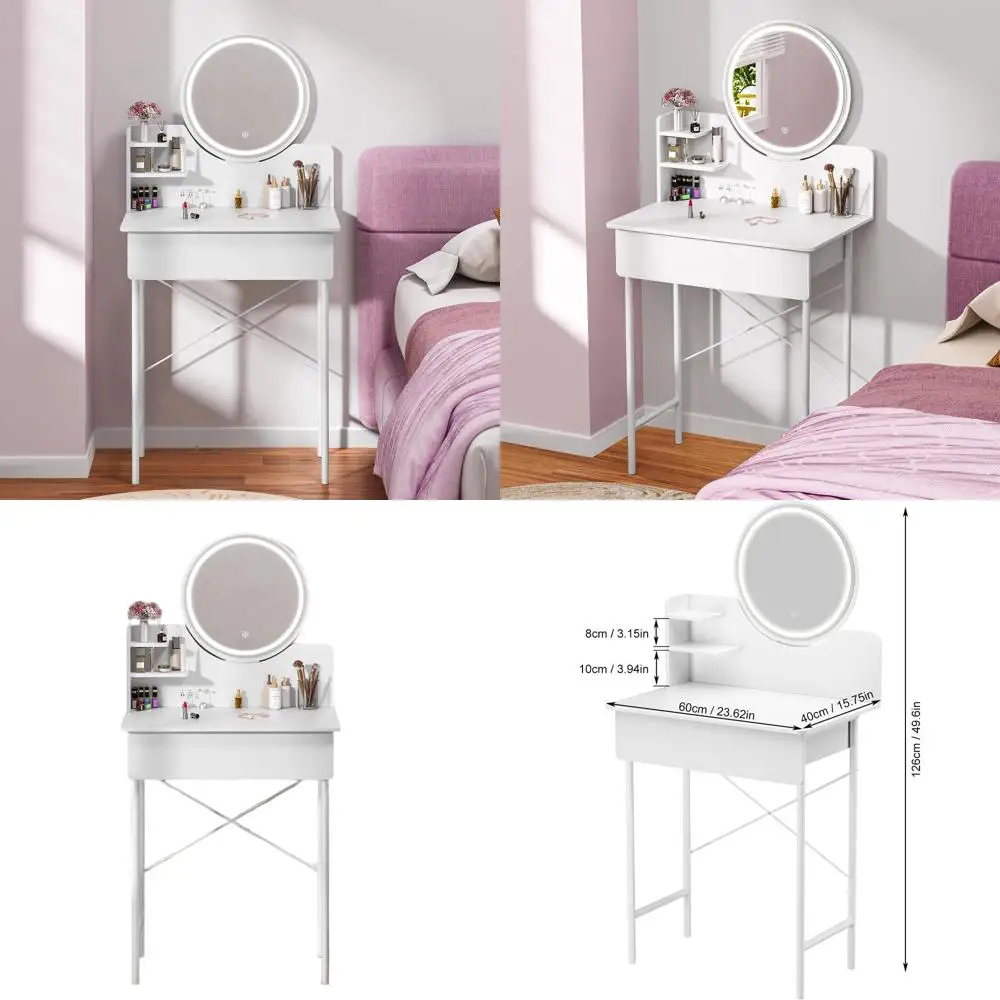 

Compact LED-lit Makeup Vanity with Drawers and Open Shelves for Bedroom