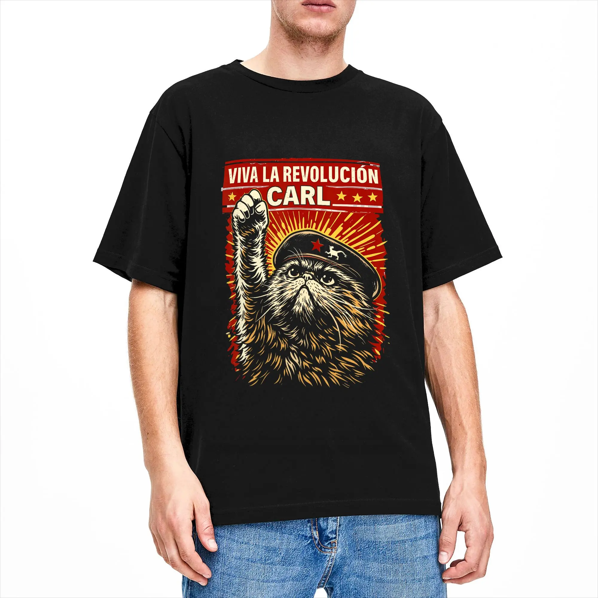 Harajuku T-Shirt Summer Viva La Revolucion Cat Raised Fist Retro Fashion T-Shirts  Cotton Tshirt for Man Y2K Short Sleeve Tees
