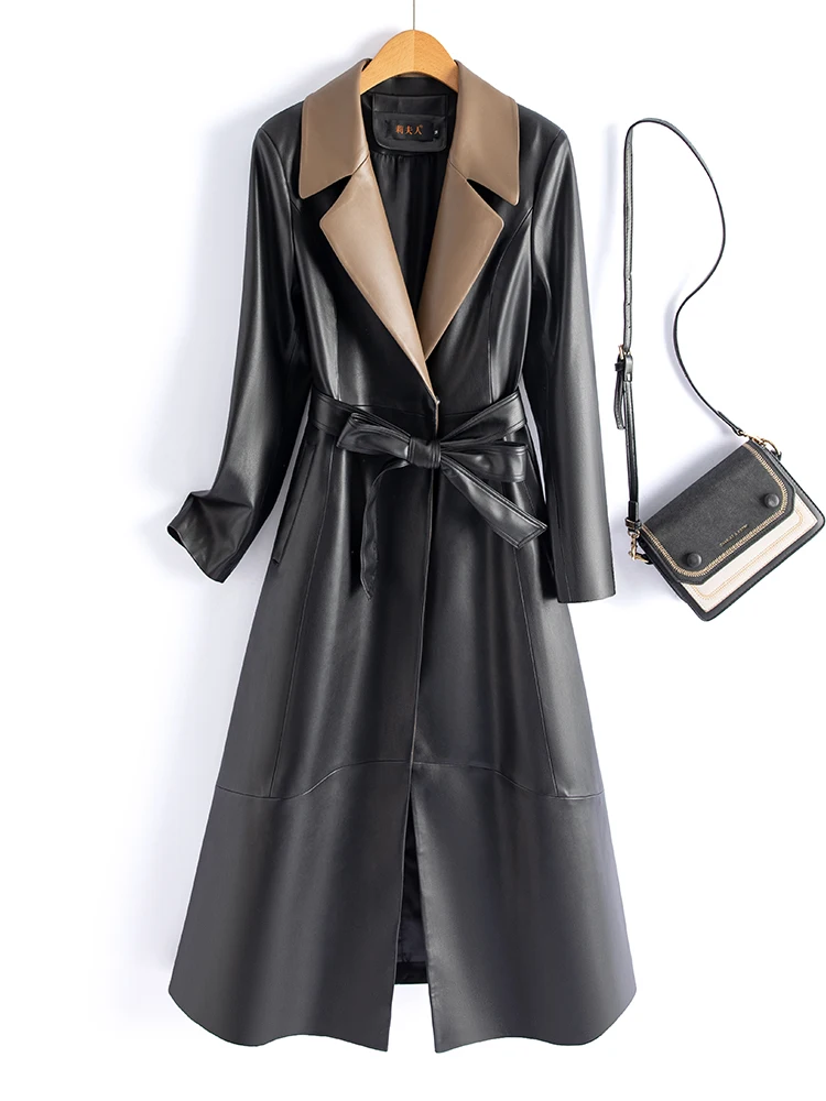 Manteau en cuir véritable Haining pour femme, coupe mi-longue, en peau de mouton, coupe-vent, nouvelle collection automne 2025, col tailleur, ceinturé