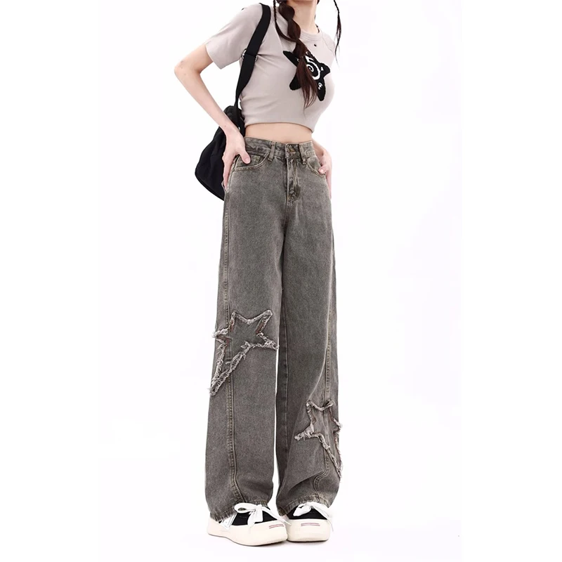 

Grey High Waist Women's Jeans Harajuku Vintage BF Style Streetwear Loose Fashion Femme Wide Leg Denim Trousers